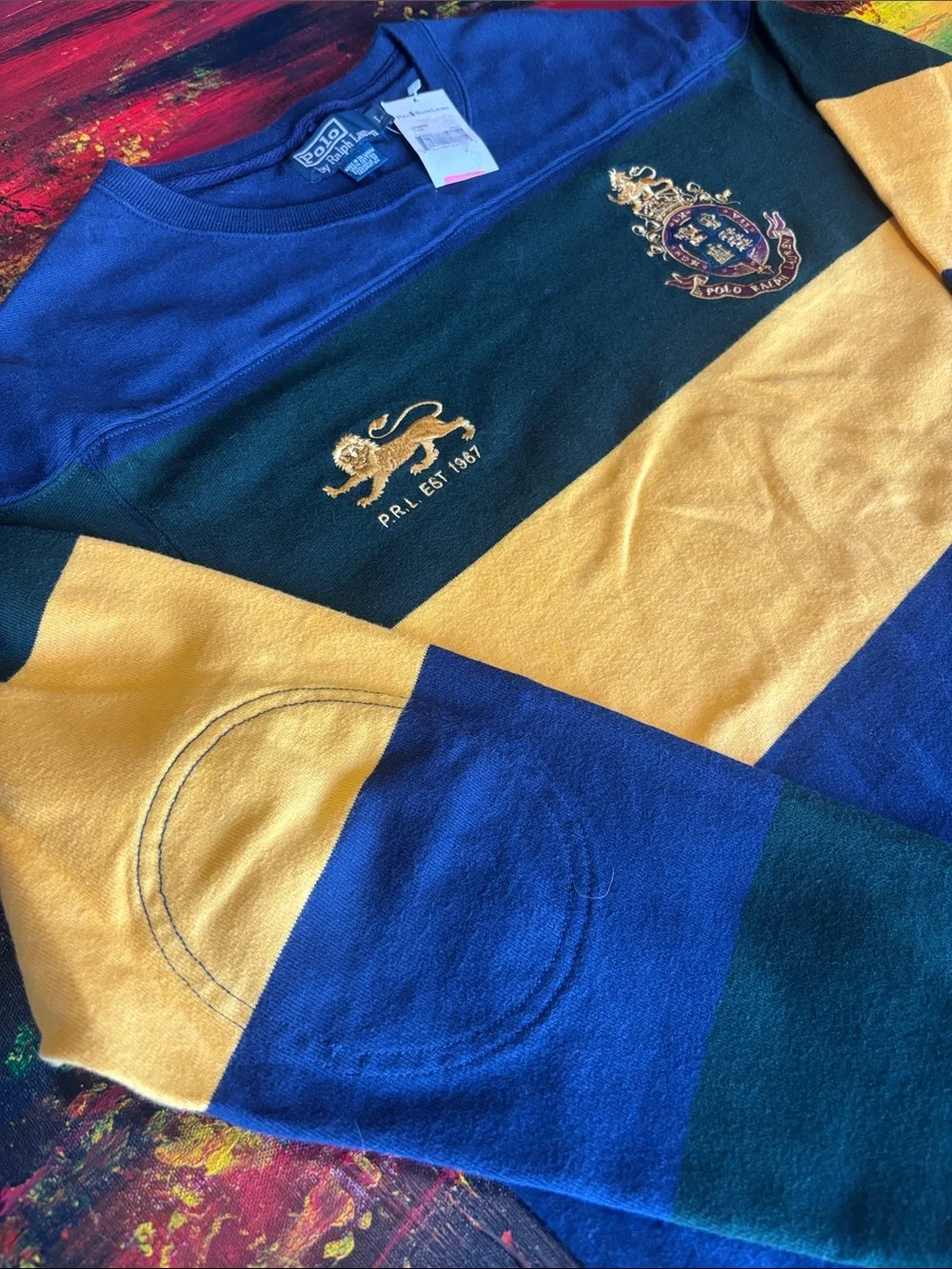 Ralph Lauren Polo Rugby Long-Sleeve Stripe Crewneck - Navy, Green, Yellow - Picture 3 of 12
